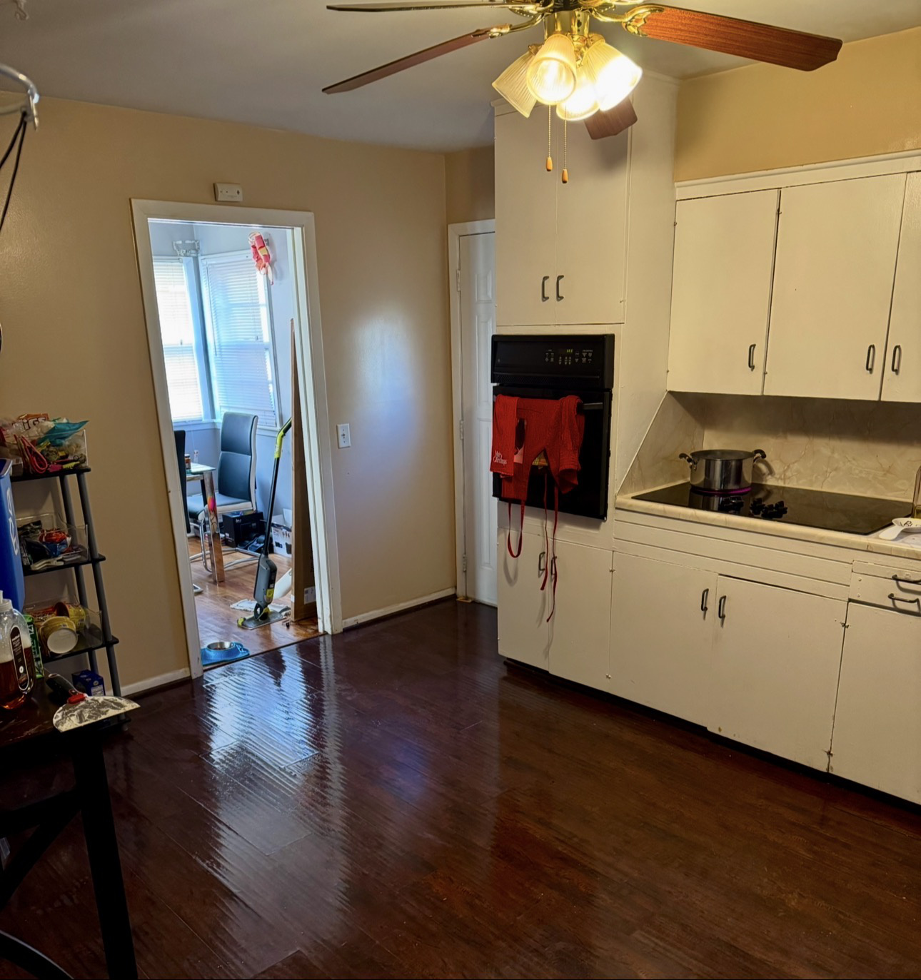 Kitchen after cleaning - polished hardwood floors and clean counters